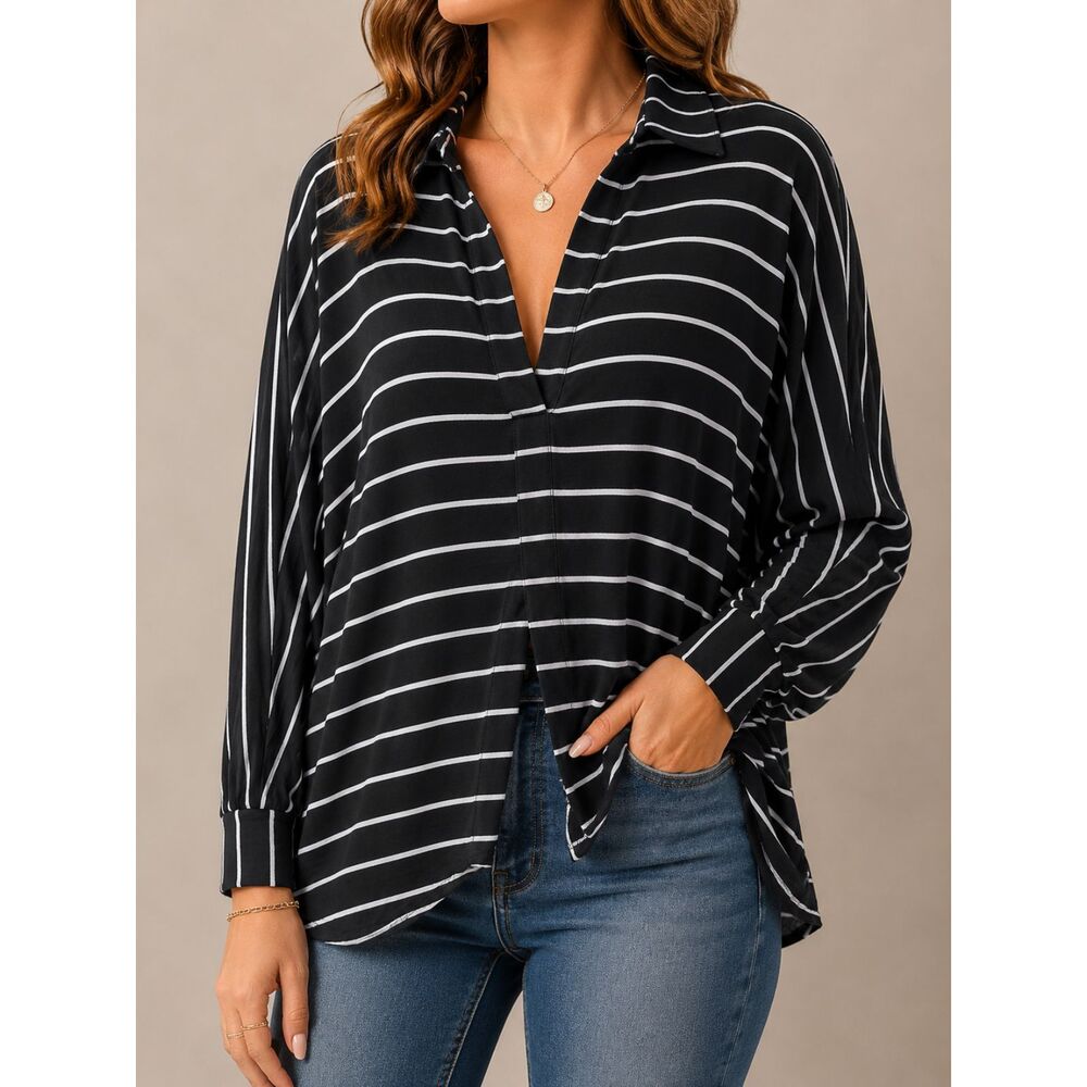 We The Free Black White Striped Collared V Neck Dolman Sleeve Oversized Top S